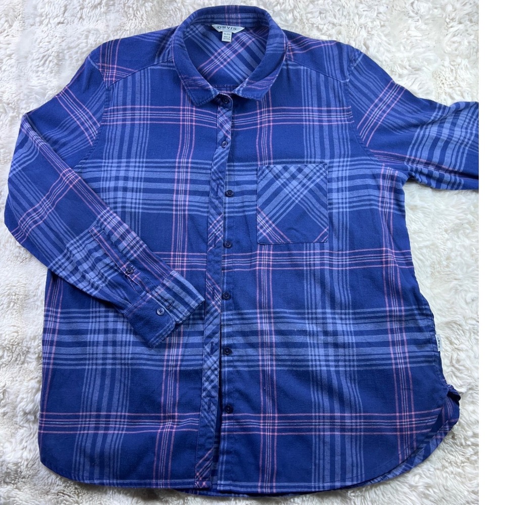 Orvis Classic Collection Blue Pink Plaid Flannel Button Down Shirt Womens XL A31
